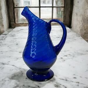 Vintage Avalos Hand-Blown Cobalt Blue Swirled Glass Pitcher Mexico